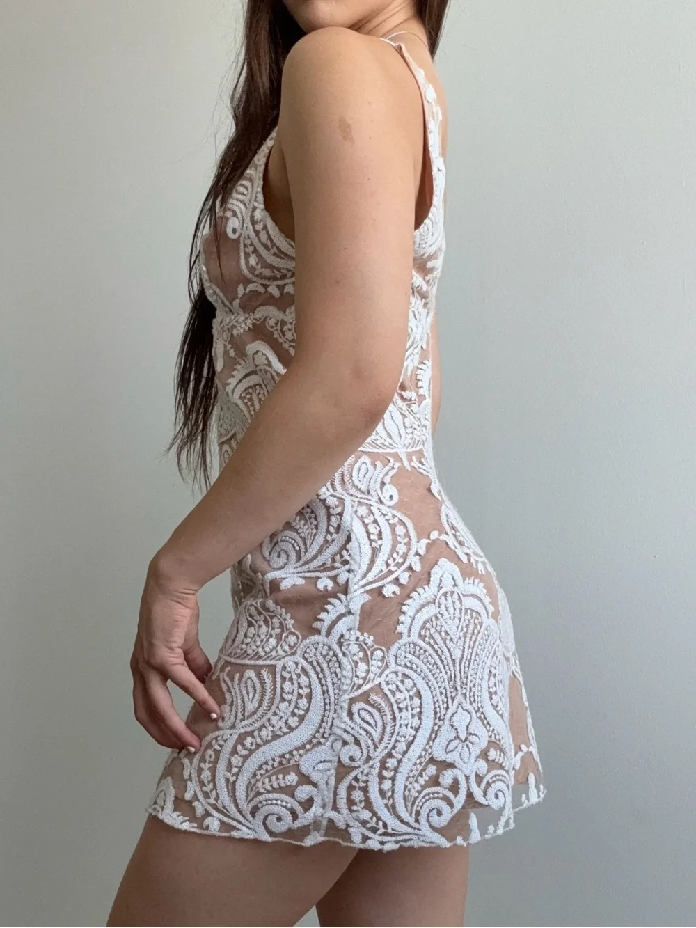 Free People White Embroidered Lace Plunge Mini Dress
